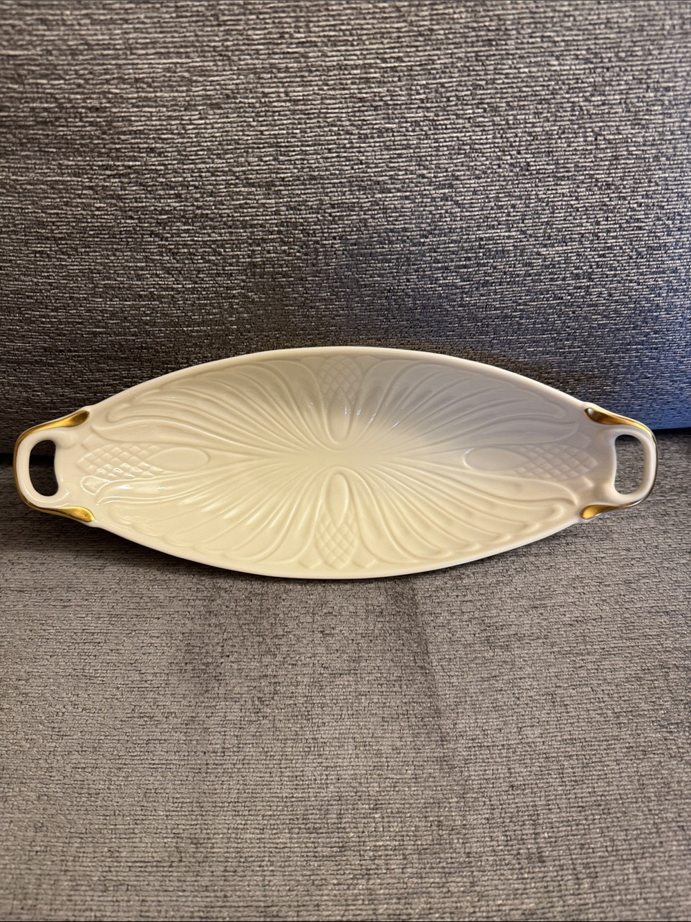 Vintage Lenox Monaco ivory porcelain embossed double handle celery/relish tray